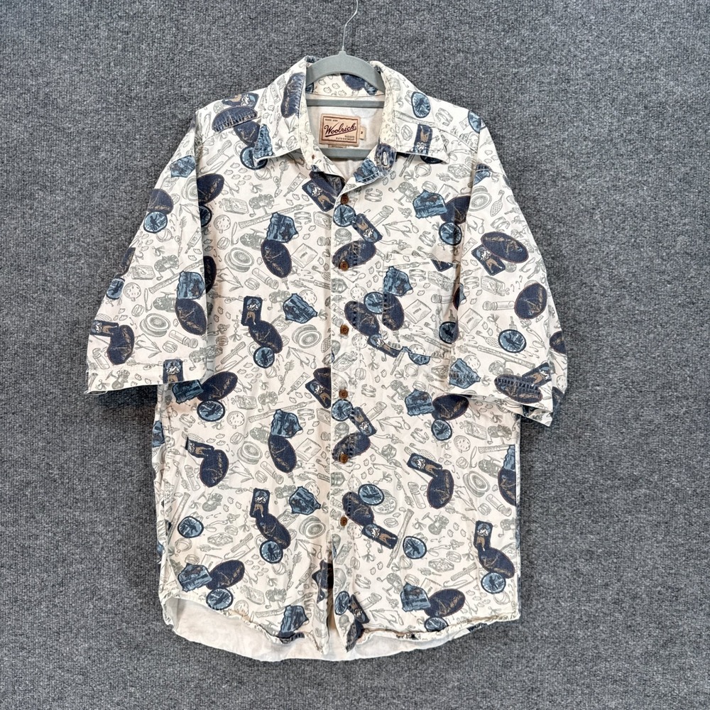Woolrich Button Up Shirt Mens Medium Cream Fishing Fly Tackle Print Short Sleeve